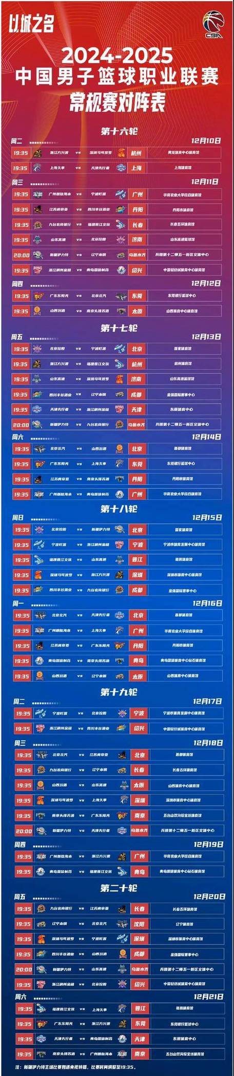 cba联赛下段赛程表时间最新