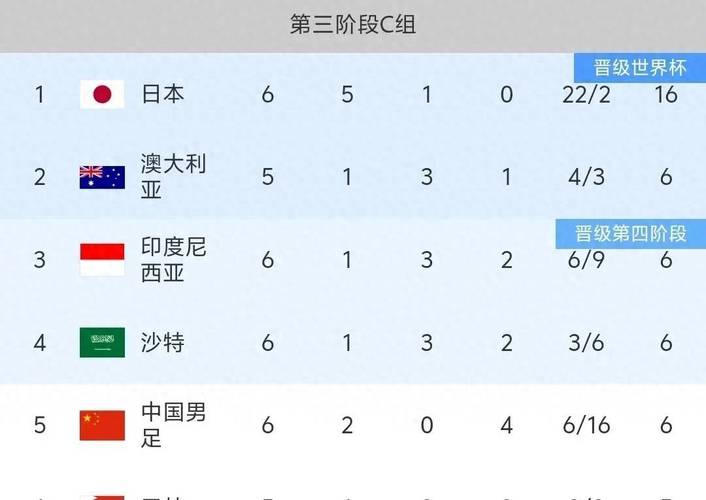 中国世界杯预选赛小组排名榜